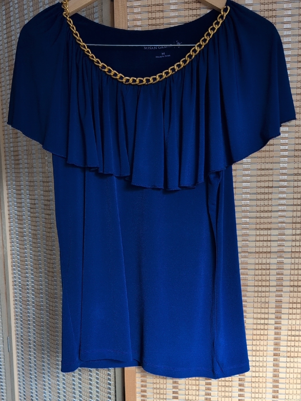 Susan Graver Royal Blue Ruffle Top with Gold Chain